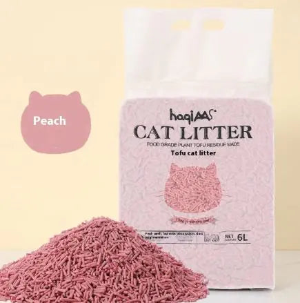 Eco-Friendly Tofu Cat Litter package showing natural ingredients, promoting high absorbency and various scents.