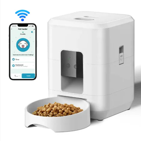 Automatic Smart Pet Feeder With WiFi Control displayed in a modern kitchen setting, perfect for busy cat owners.