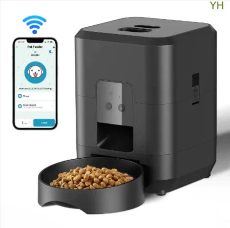 Stylish white Automatic Smart Pet Feeder for cats, offering remote feeding control via smartphone app.
