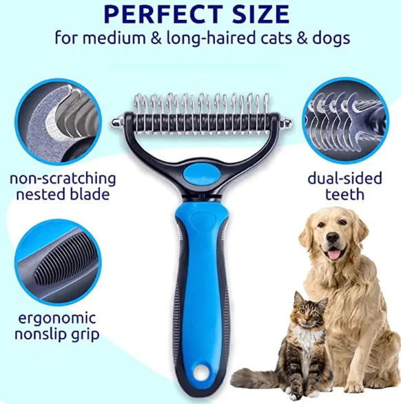 A person using the Elite Dual-Sided Pet Grooming Brush on a happy dog, demonstrating its ergonomic handle and comfort.