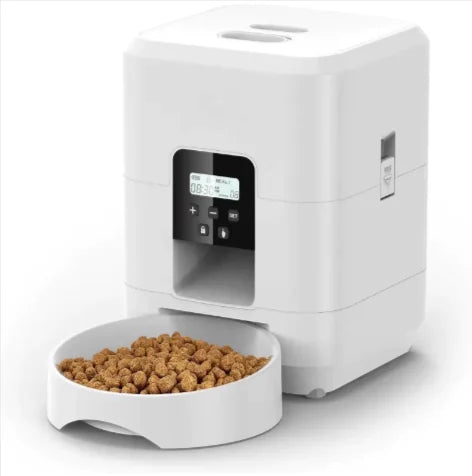 Close-up of the Automatic Smart Pet Feeder With WiFi Control featuring app settings for custom feeding.