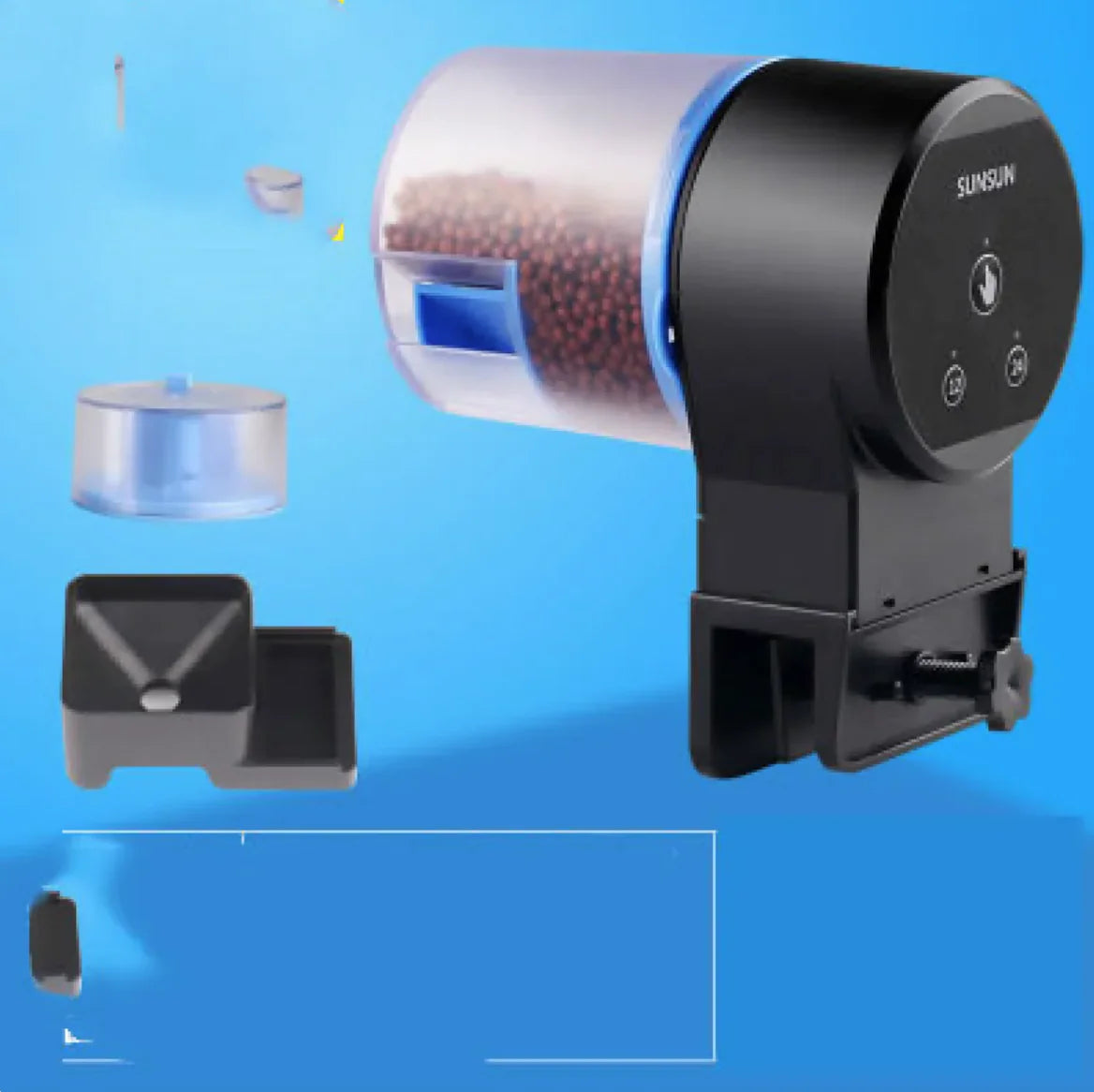 Close-up view of the Automatic Aquarium Feeder, highlighting its moisture-resistant design that prevents food clumping for healthy fish feeding.
