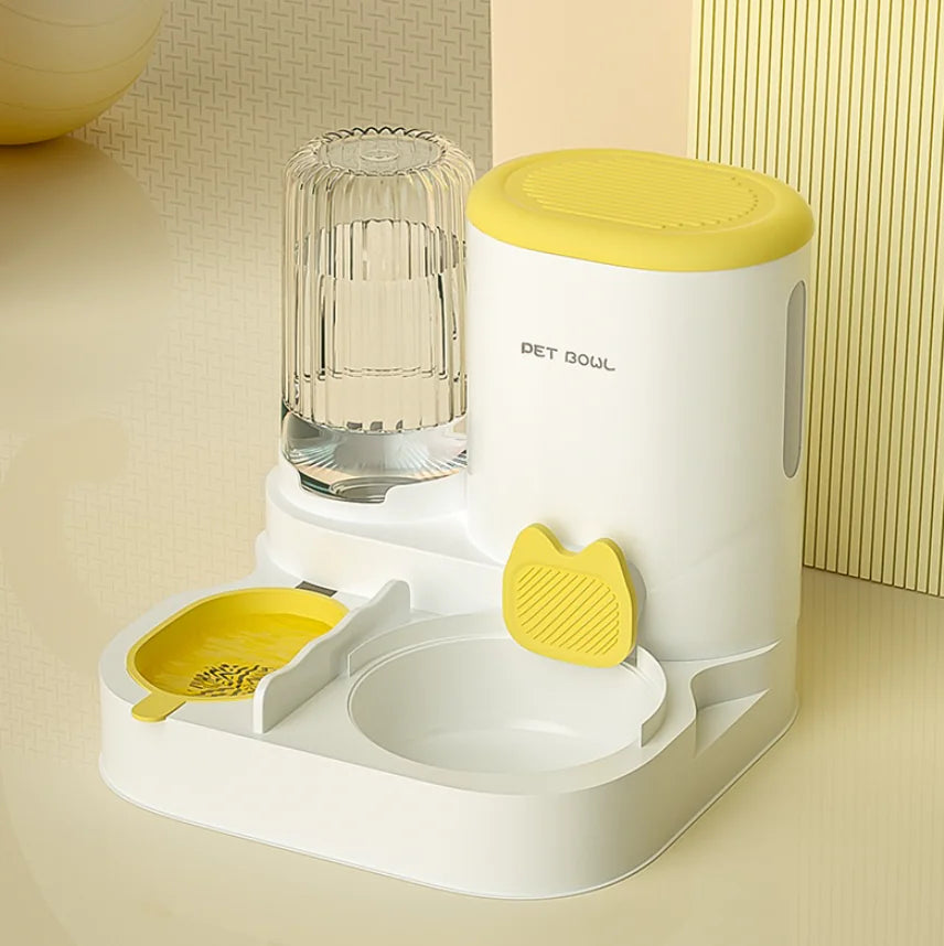 Stylish setup of the Automatic Cat Water Fountain and dual stainless steel bowls in a cozy home environment.