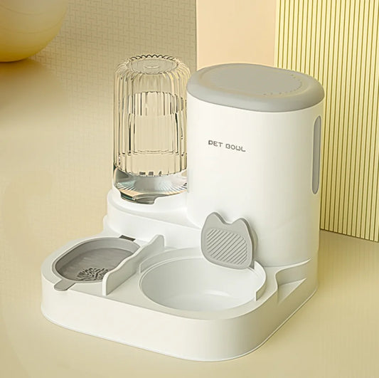 Automatic Cat Water Fountain & Dual Stainless Steel Food Bowls - Healthy Feeding Solution with fresh water stream and stylish design for pets.